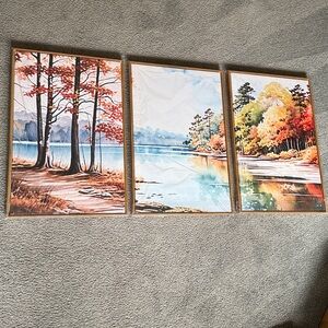 Autumn Forest & Lake Framed Triptyc 3 piece Canvas on Wood Framed Art